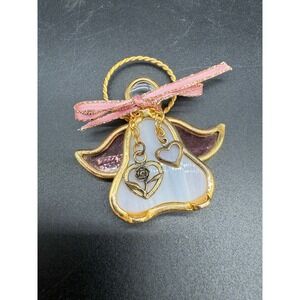 Vintage Stained Glass Angel Ornament‎ Heart Charms Halo RIbbon Rose Accent
